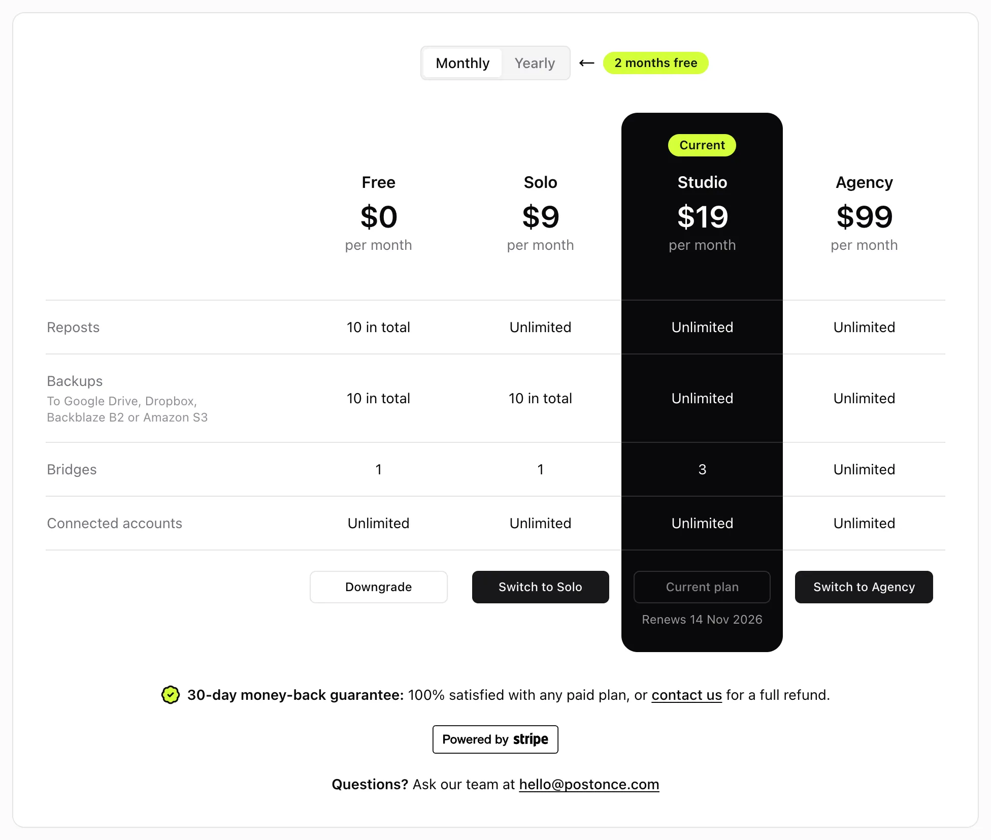 The plans on the Billing page