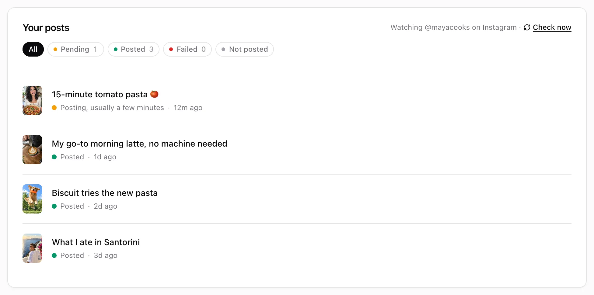 The Your posts list with one post posting and three posted
