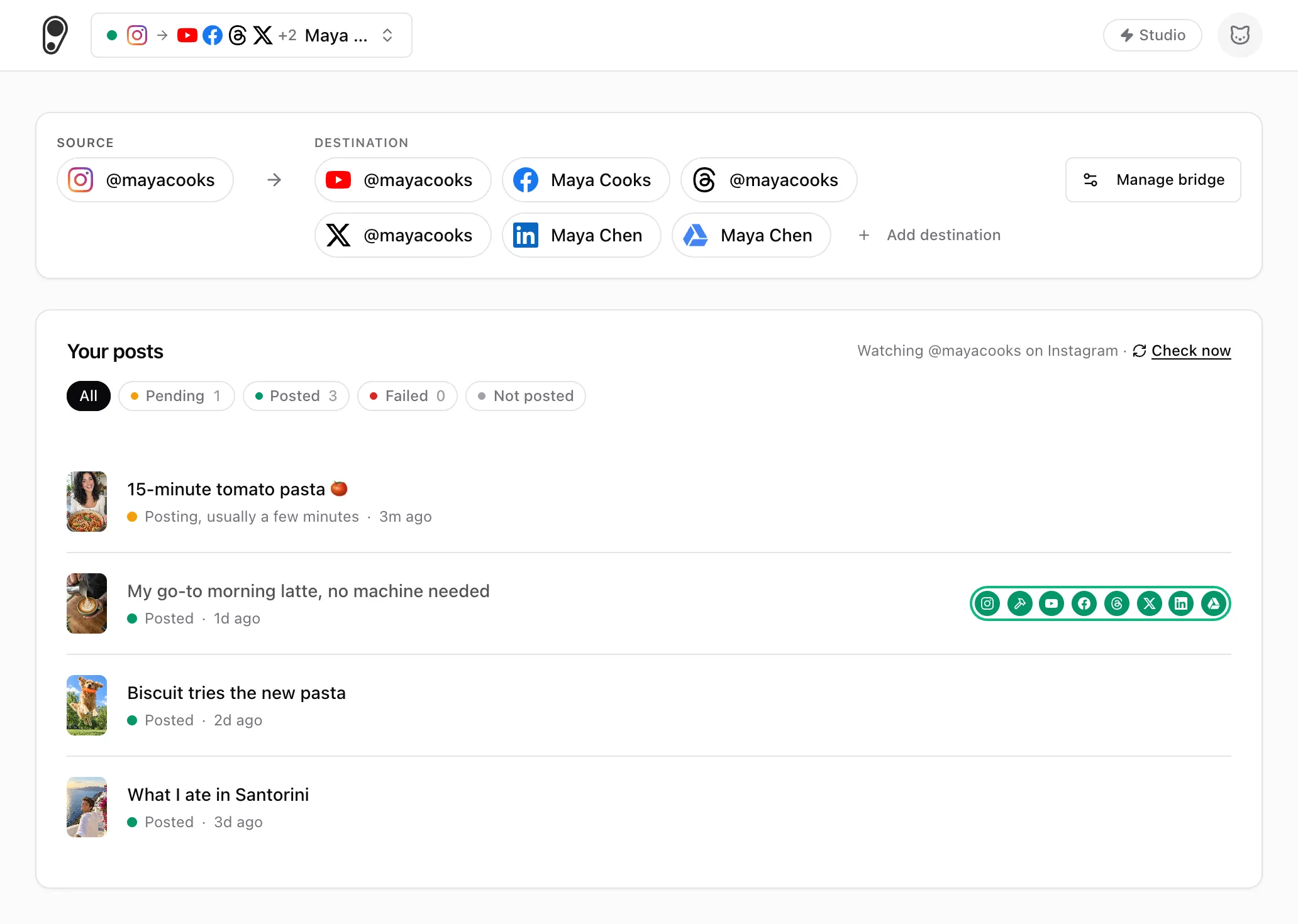 The Post Once dashboard with an Instagram source account, its YouTube, Facebook, Threads, X, LinkedIn and Google Drive destinations, and a list of posts marked posting or posted.