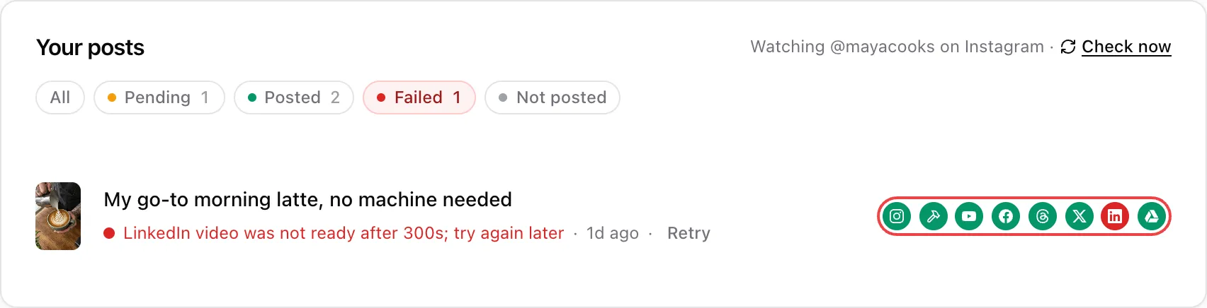 The Your posts list in Post Once filtered to Failed. A Reel reached every account except LinkedIn, so the reason shows in red next to a Retry button, and the LinkedIn icon is red.